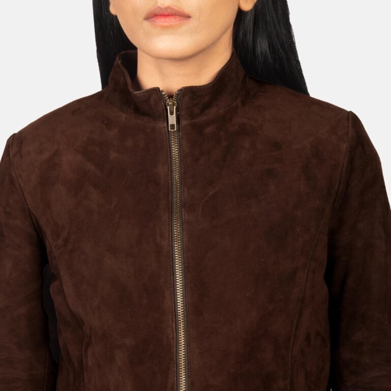 Womens Rumella Mocha Suede Biker Jacket Close-Up-9-1720093562741